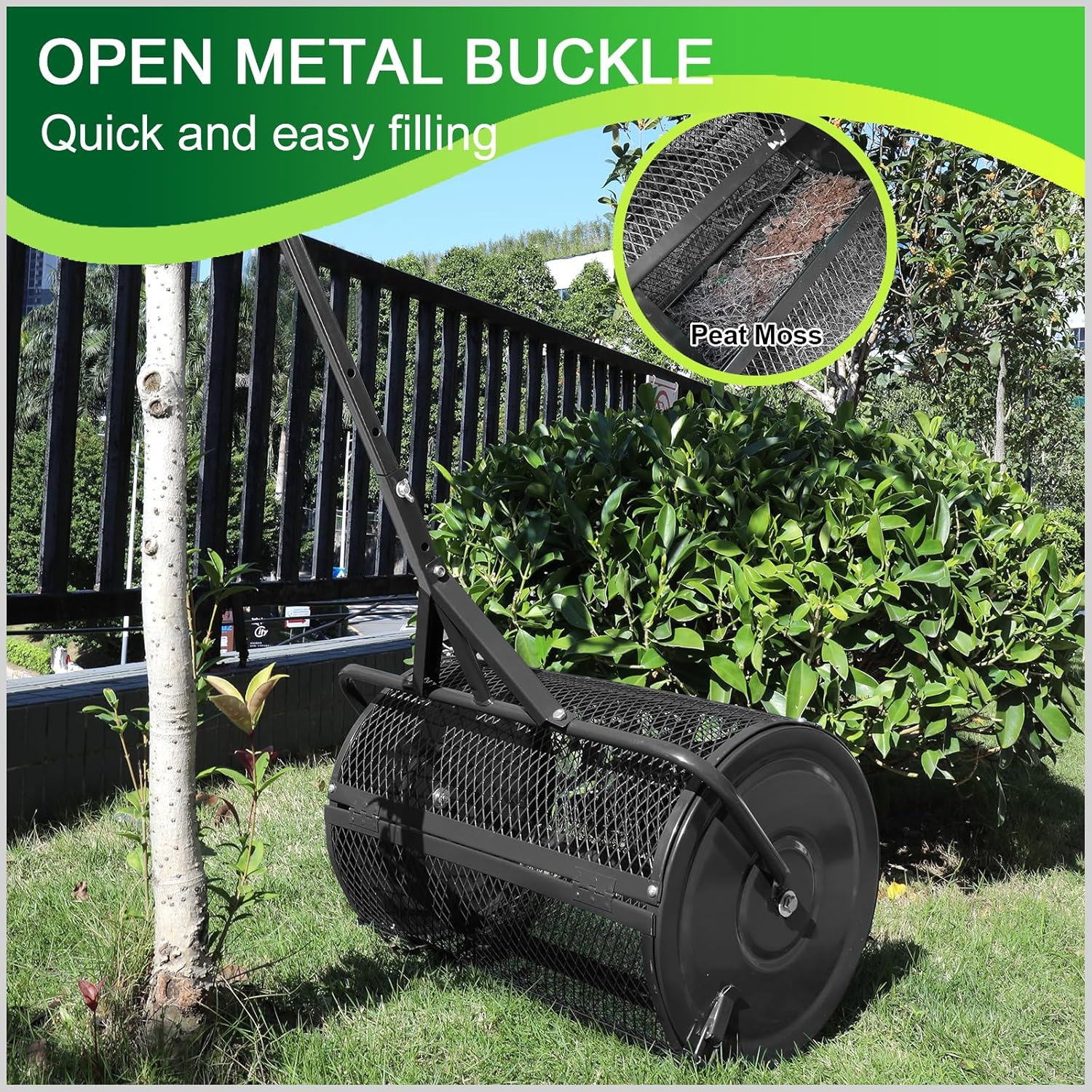 aranya 24 Inch Spreaders for Lawns Compost Spreader with Adjustable T Shaped Handle, Peat Moss Fertilizer Spreader Roller Metal Mesh Basket for Lawn and Garden Manure Spreaders Soil Spreader (Black)