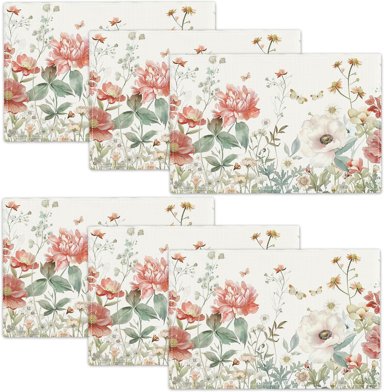 Farmhouse Flowers Placemats Set of 6 Rustic Wildflower Imitation Linen Placemat Floral Butterfly Heat Resistant Dining Blossoms Table Place for Kitchen Indoor Restaurants Party 12''x18''