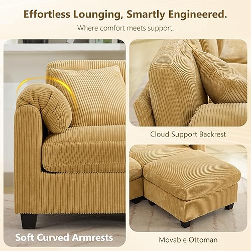 Miniatura 5 de Sofá modular modular con otomana, sofá de pana de 3 plazas con 2 almohadas, sofá de asiento profundo en forma de L de 88.2 pulgadas con cojín