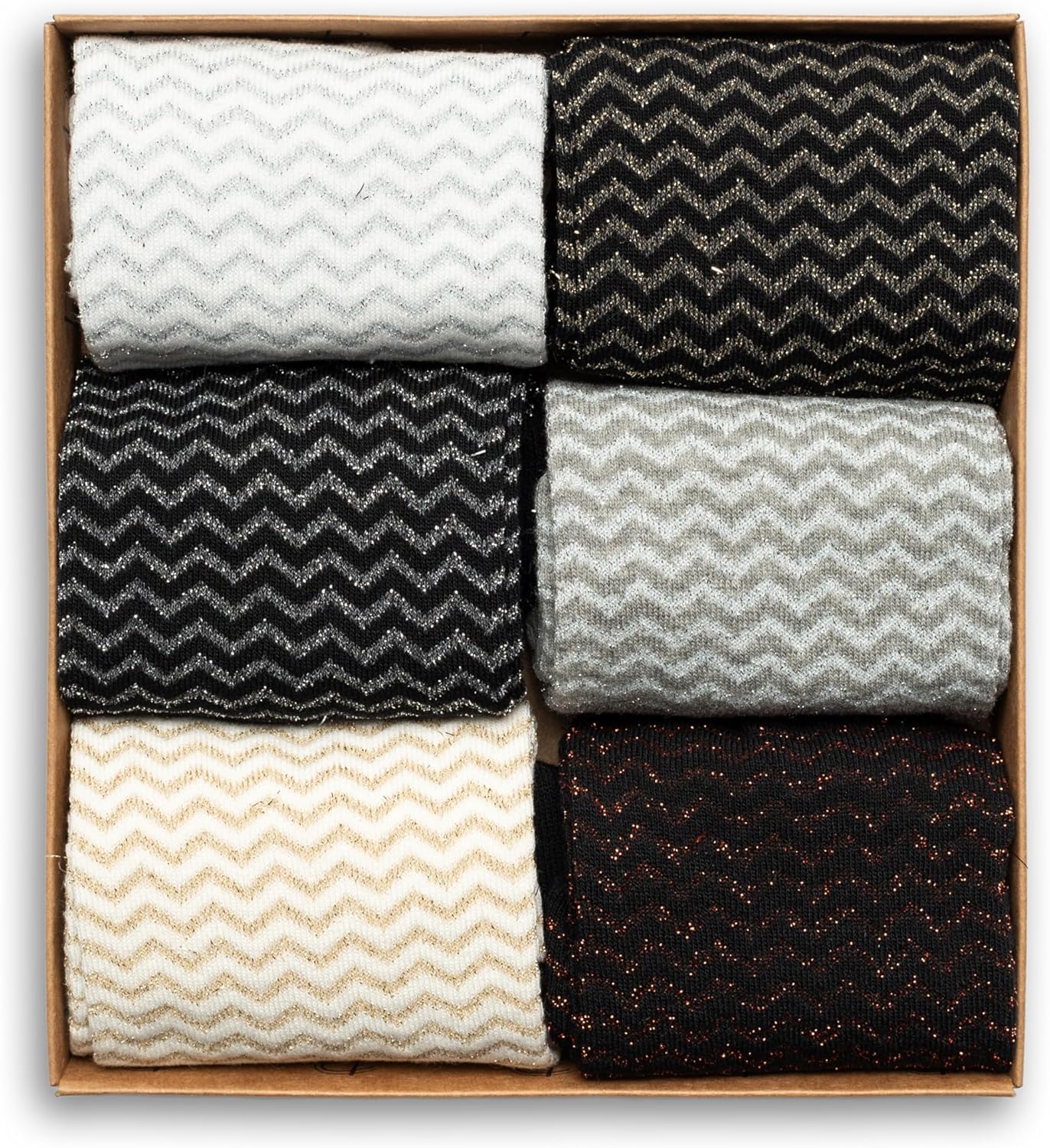 RAFRAY Glitter Socks – Shiny Zigzag Patterned Premium Glitter Socks for Women – Ankle Length Socks in Gift Box – 6 Pairs – Size US W 5-9.5