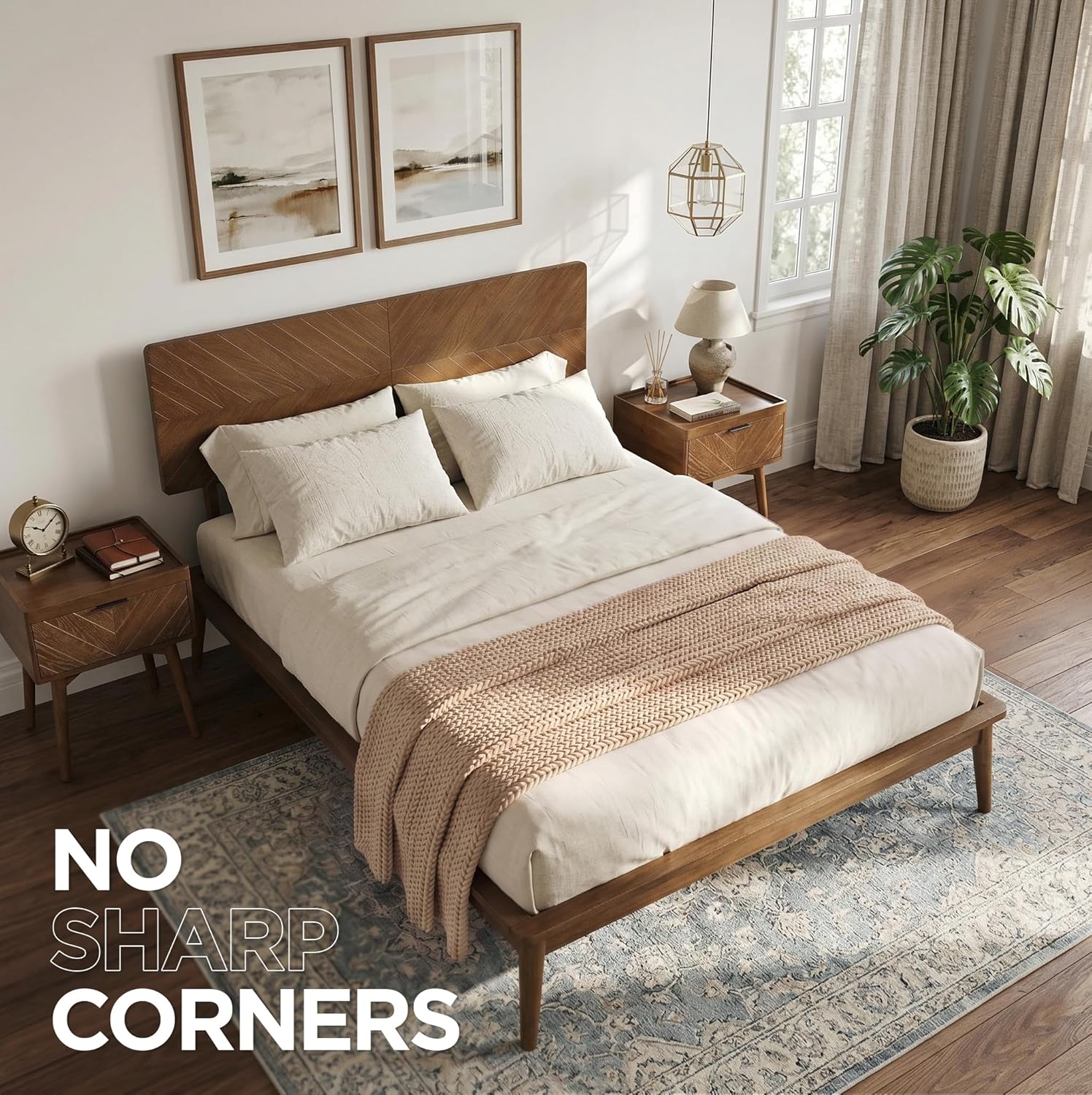 Loki Solid Wood Bed Frame Queen, Premium Platform Bed with Chevron Headboard and Wood Slat Support, Noise-free, Easy Assembly, No Box Spring Needed, Mid-Century Modern Minimalist Styles (Walnut)