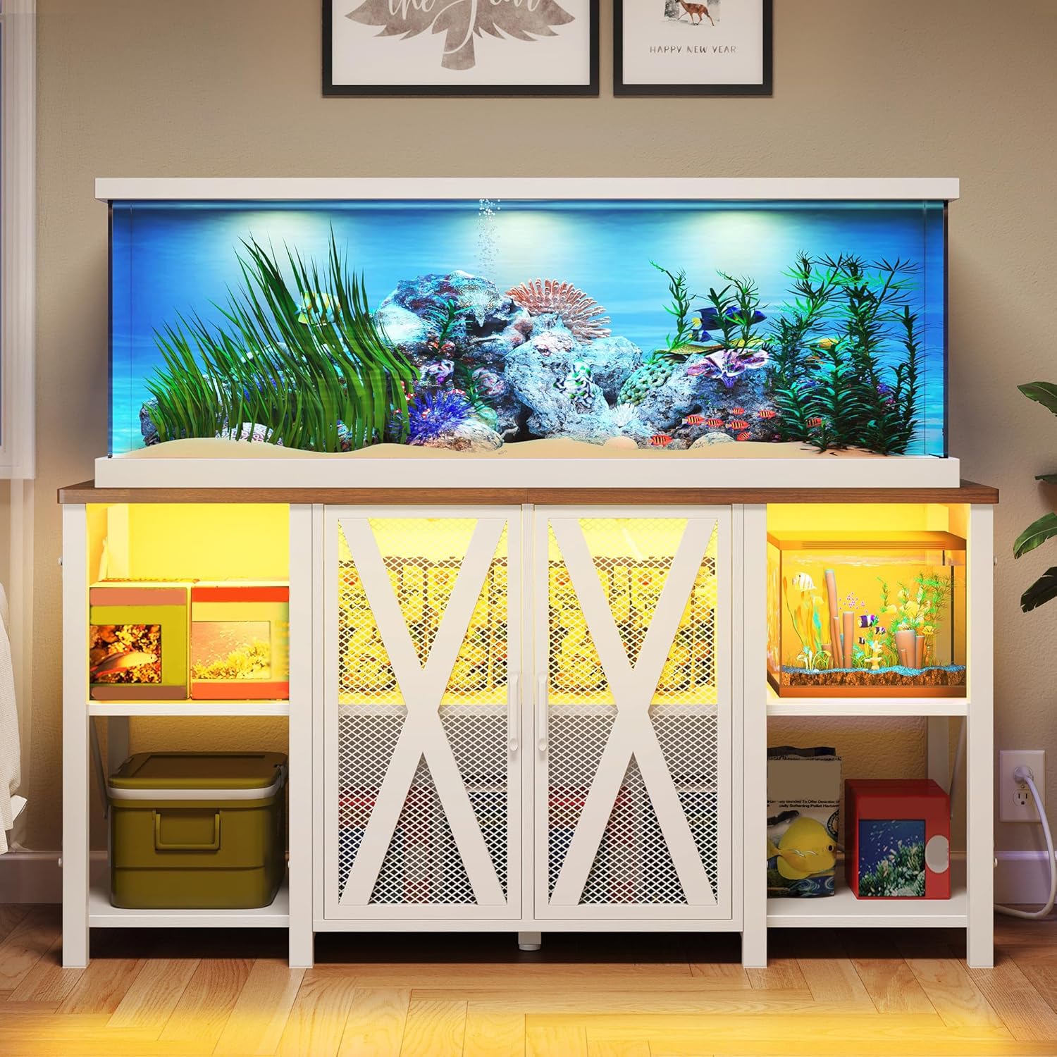 DWVO Aquarium Stand with LED Light, White, 75-120 gal