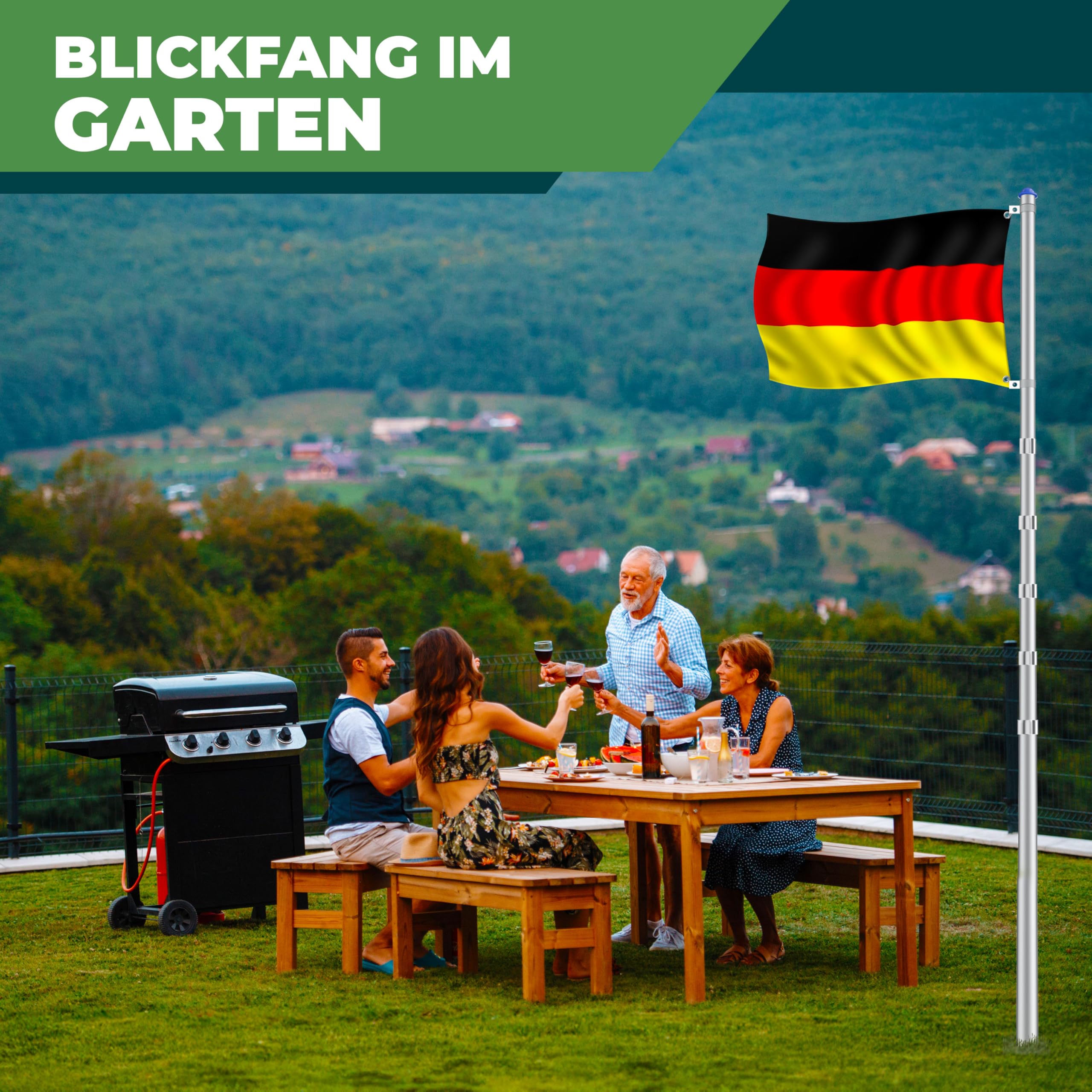 KESSER® Teleskop Fahnenmast Aluminium 6,30m Bodenhülse 60cm inkl Deutschlandfahne Höhenverstellbar Flaggenmast Mast Deutschland Flagge Alu (Silber)