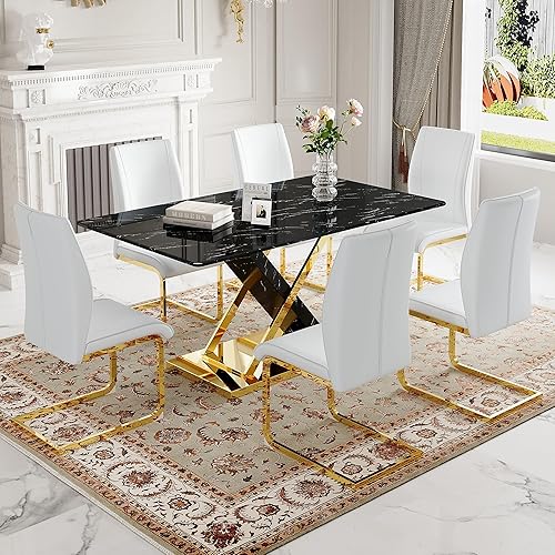 Miniatura 10 de Juego de mesa de comedor de mármol para mesa rectangular blanca de 6.63 pulgadas con marco de metal plateado en forma de X y 6 sillas de comedor de
