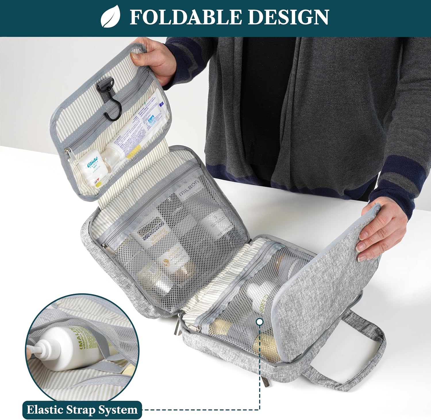 PAVILIA Hanging Toiletry Bag Travel Bag Women Men, Foldable Cosmetic Organizer, Roll up Makeup Bag, Water Resistant Accessories Toiletries, Large Travel Essentials Kit (Heather Grey) - Image 4