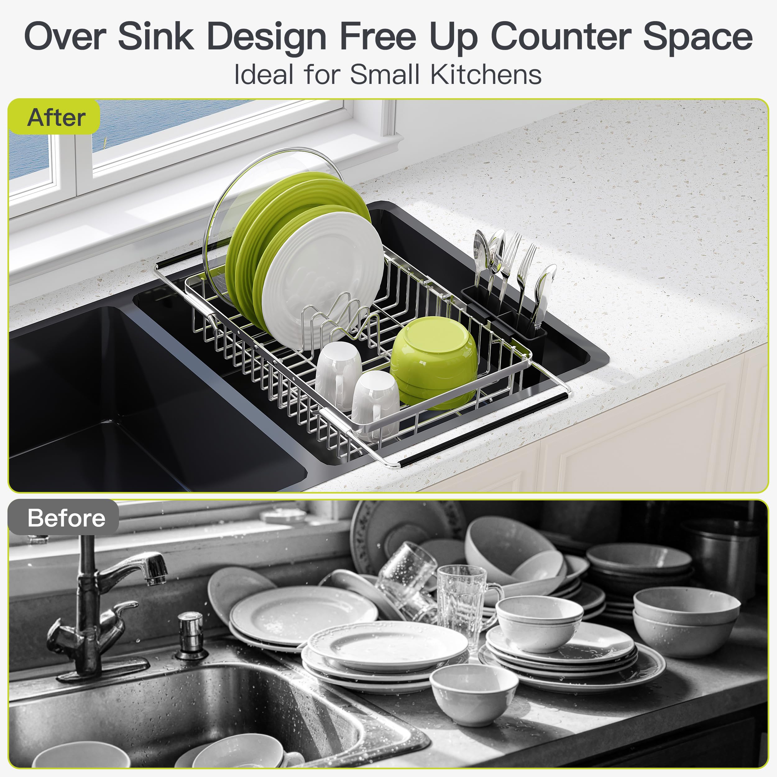 JASIWAY Escurridor de platos extensible de acero inoxidable sobre el fregadero para cocina pequeña, ahorro de espacio, escurridor de platos compacto, soporte de metal ajustable para colgar platos con