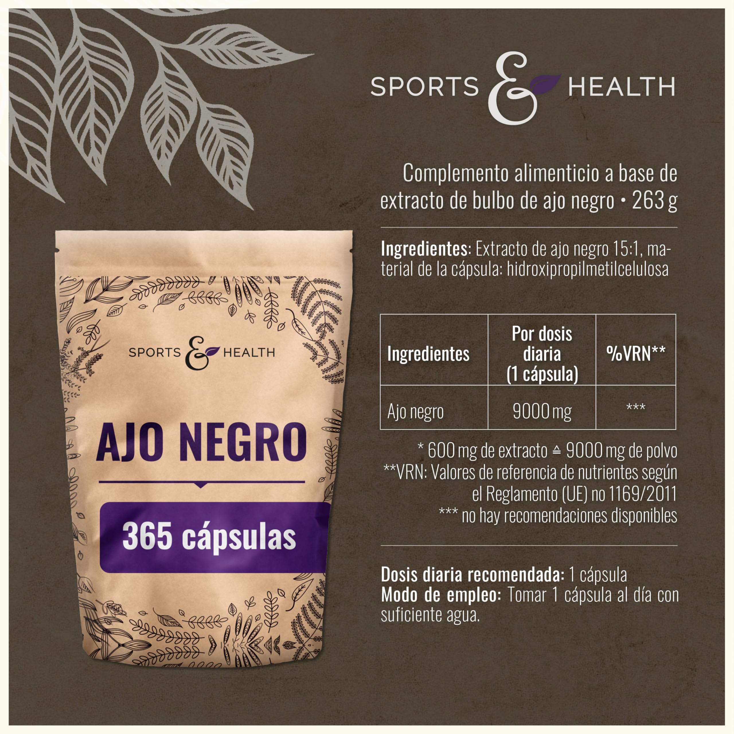 Ajo negro capsulas 9 000 mg de extracto 15:1 – 365 cápsulas de alta dosis – Black Garlic Capsules – Veganas y sin aditivos – Extracto de bulbo de ajo negro