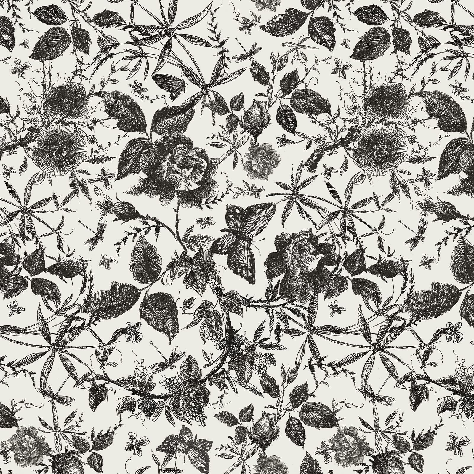 JiffDiff Floral Wallpaper Peel and Stick Vintage Wallpaper Black and White Contact Paper 393.7"x15.7" Rose Butterfly Wallpaper for Bedroom Renter Friendly Wallpaper