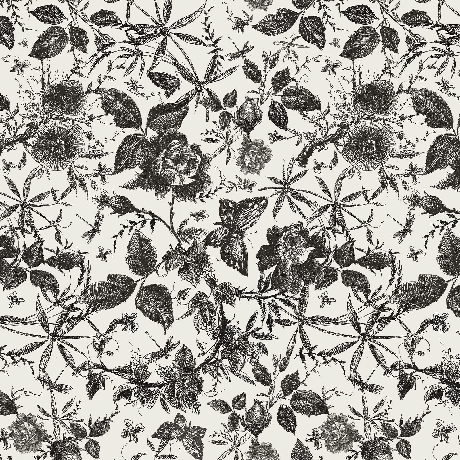 JiffDiff Floral Wallpaper Peel and Stick Vintage Wallpaper Black and White Contact Paper 393.7"x15.7" Rose Butterfly Wallpaper for Bedroom Renter Friendly Wallpaper