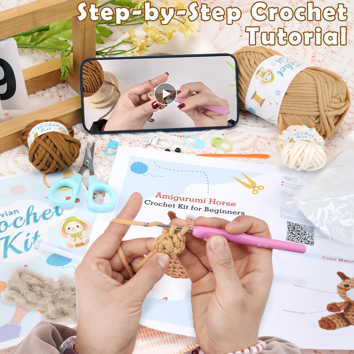 Alvian Crochet Kit for Beginners Adults, DIY Horse Crochet Animal Kit with Step-by-Step Video Tutorials, Premium Soft Yarn (30% Extra), Ergonomic Hooks, Learn to Craft Unique Gift for Birthday Holiday