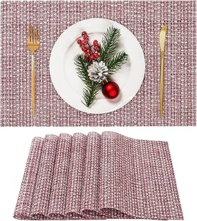 Red Placemats Set of 6 - Elegant Vinyl Woven Heat-Resistant Table Mats, Anti-Slip PVC Mat for Indoor/Outdoor Dining, Wipeable Easy Clean, Spring & Party Decor (17.7x11.8 Inch)