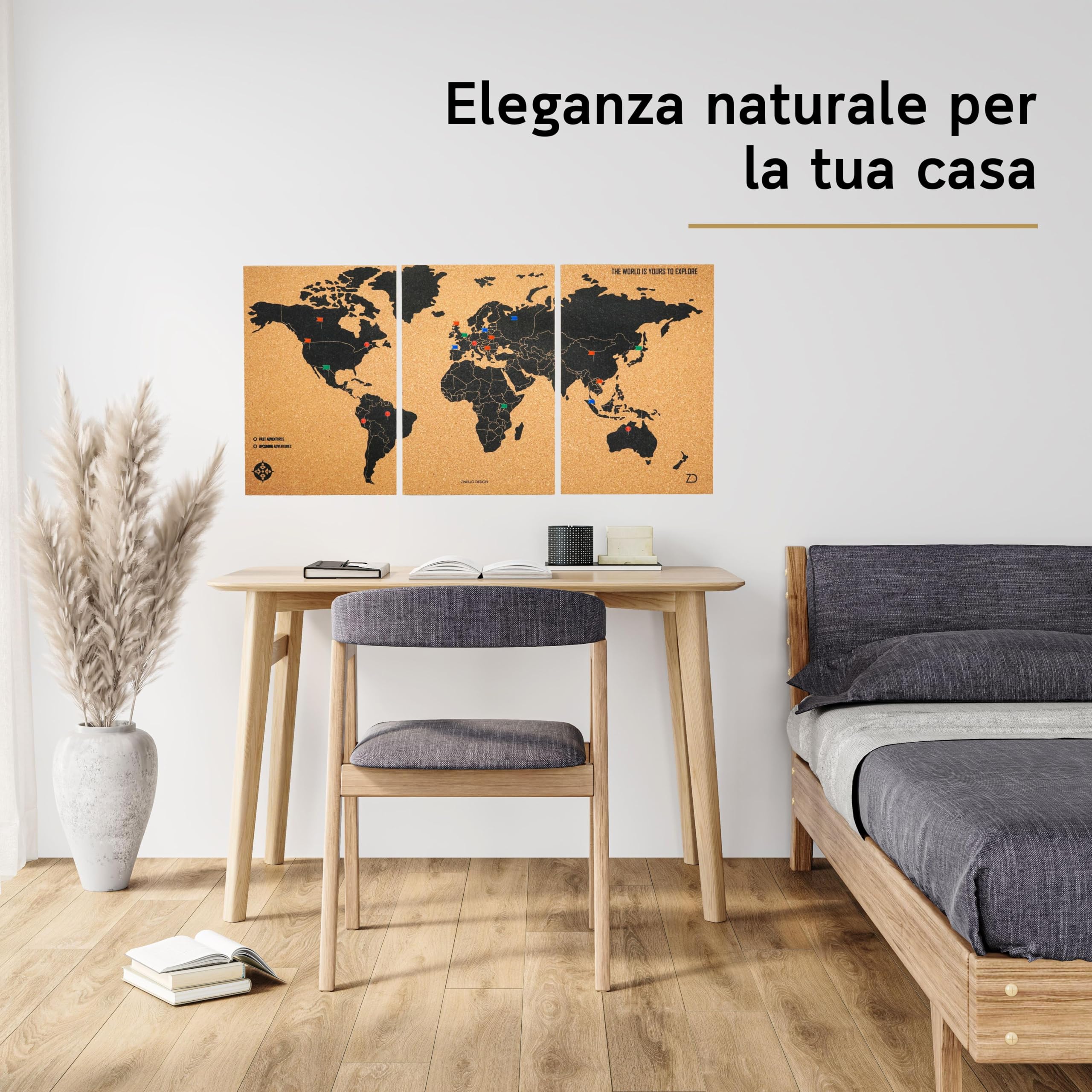 Zinello Design – Mappa del Mondo in Sughero da Parete 60×30 cm (3 Pannelli Adesivi) con 60 Puntine – Quadro Decorativo Viaggi Personalizzabile – Poster Murale Ecologico – Idea Regalo