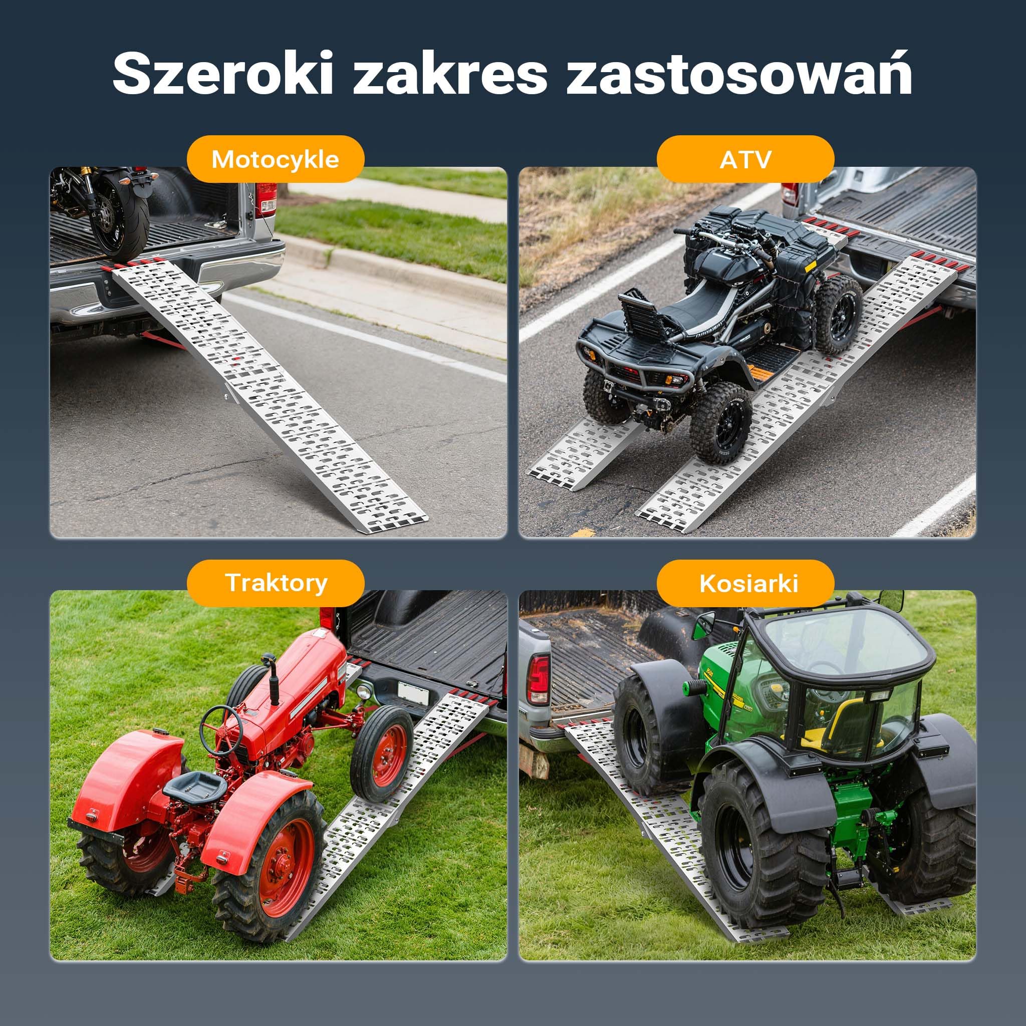 Wiltec Składany najazd aluminiowy o długości 226 cm i udźwigu 410 kg, lekka i łatwa rampa do przechowywania, do załadowania quadów i motocykli