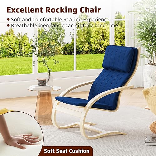 Miniatura 4 de Mecedora para interiores con asiento acolchado de tela, sillas de sala de estar con base de madera, sillón mecedor interior para sala de estar,