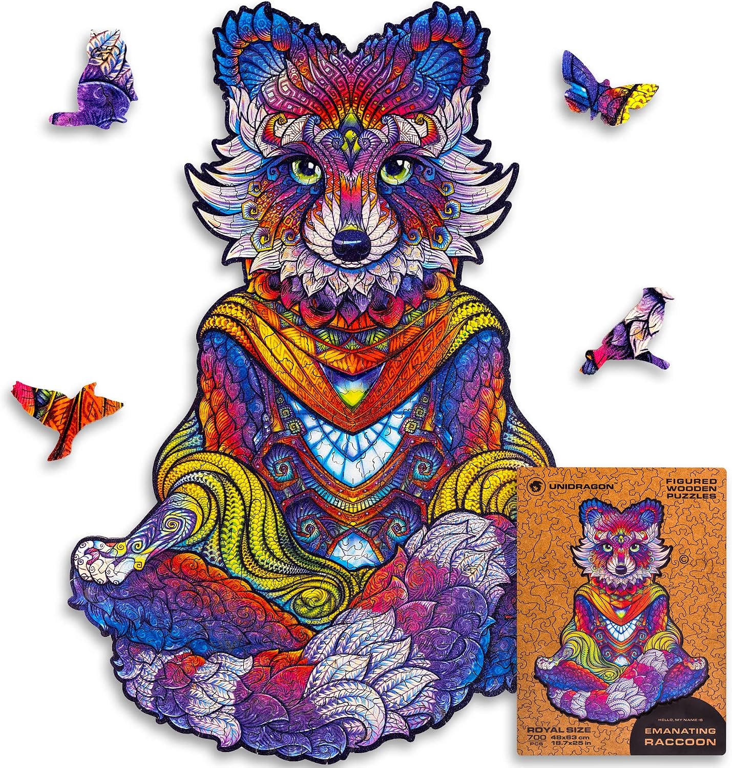 UNIDRAGON Original Wooden Jigsaw Puzzles - Emanating Raccoon, 700 pcs, Royal Size 18.7"x25", Beautiful Gift Package, Unique Shape Best Gift for Adults and Kids