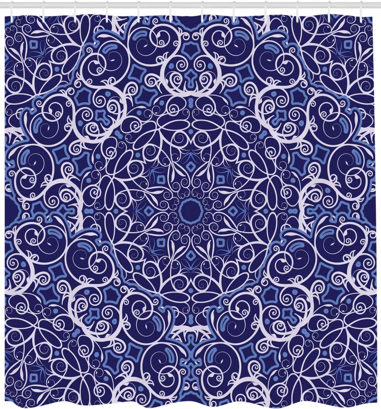 Ambesonne Mandala Shower Curtain, Circular Pattern Floral and Modern Bohemian Swirling Art Print Art, Cloth Fabric Bathroom Decor Set with Hooks, 69" W x 84" L, Purple White and Blue