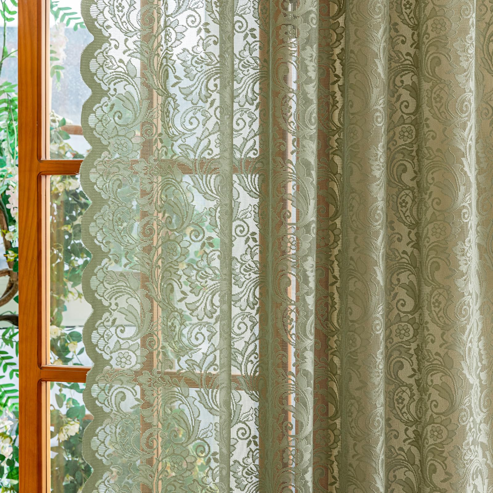 ALIGOGO Spitzenvorhänge, 244 cm lang, Landhausstil, rustikale Florale Spitze, durchscheinende Vorhänge, 2 Stück, Set für Wohnzimmer, Privatsphäre, Bogenrandkanten, 132 x 244 cm, Salbeigrün