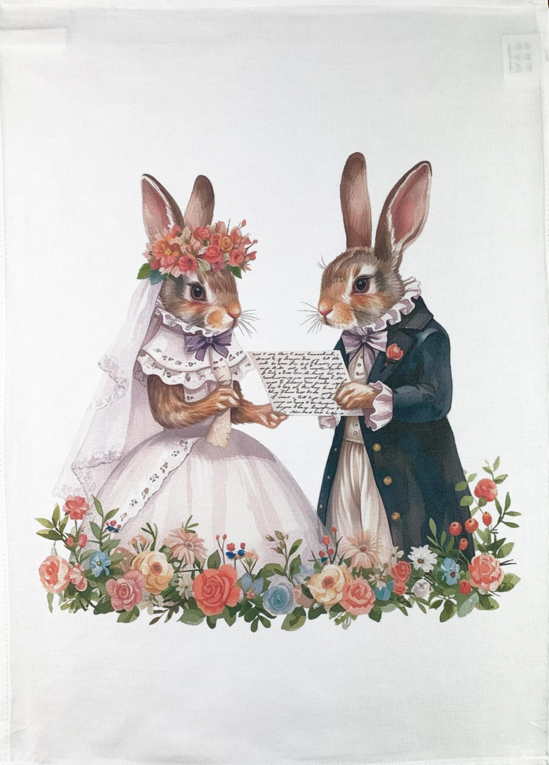 Wedding Tea Towel Mr & Mrs Rabbits Wedding Day large,  machine washable,