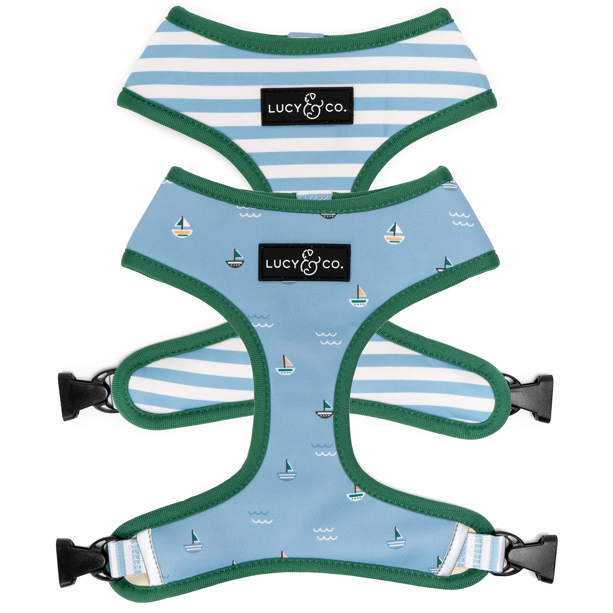 Lucy & Co. Set Sail Reversible Harness, Walking Halter - Best Designer Pet Harnesses for Medium Dogs - Padded Adjustable Vest for Easy Walking, Medium, Blue & White Stripes & Sailboats โ image 1