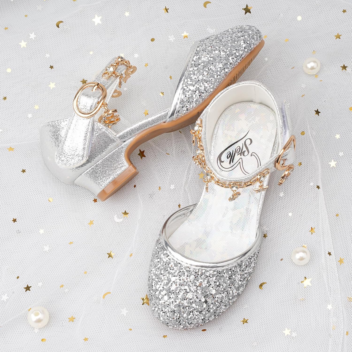 Stelle Girls High Heels Sequins Dress Sandals Princess Dress Shoes Flower Wedding Party Shoes