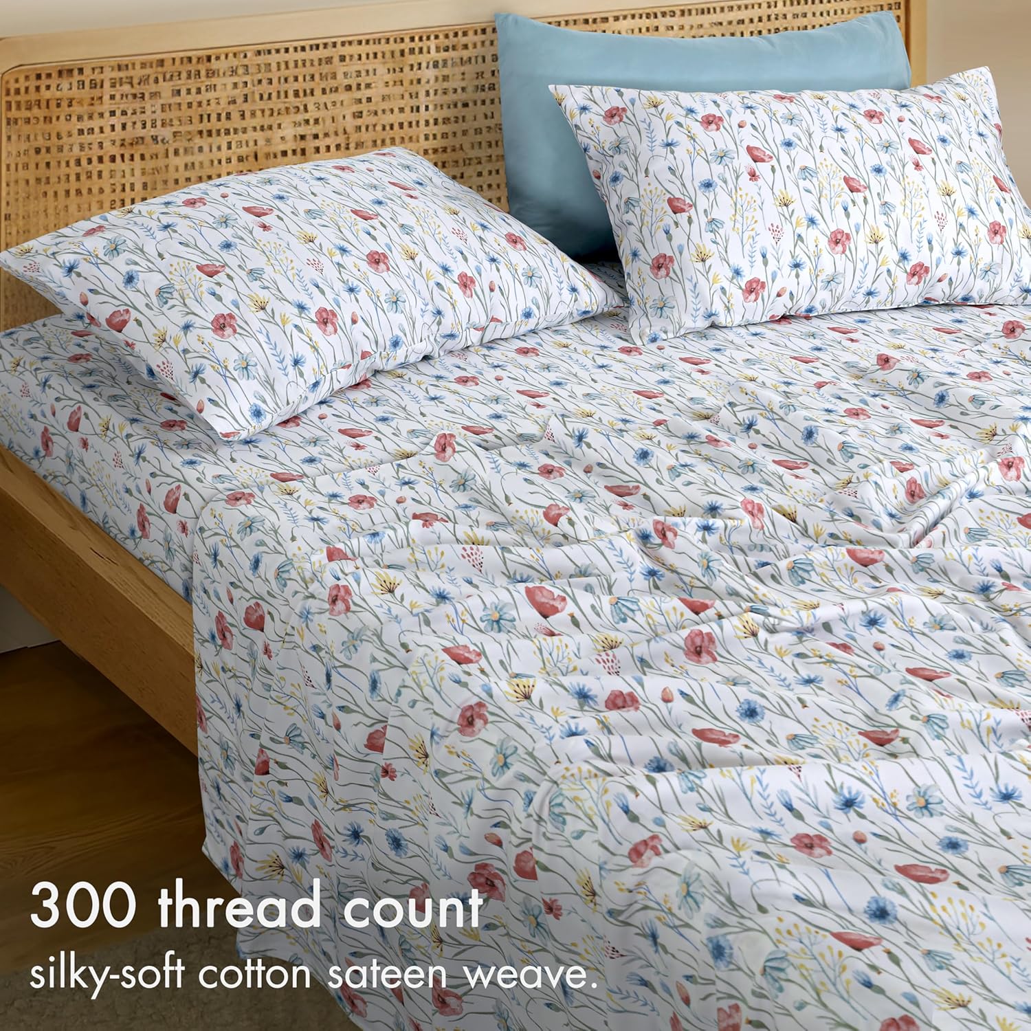 RUVANTI 100% Cotton Sheets Queen Size Bed Set - 300 Thread Count Silky Soft Sateen Weave, Cooling, Lightweight & Breathable, 16" Deep Pocket, Durable & Luxury Satin-Like, 4 Piece, Sweet Pea Fest - Image 3