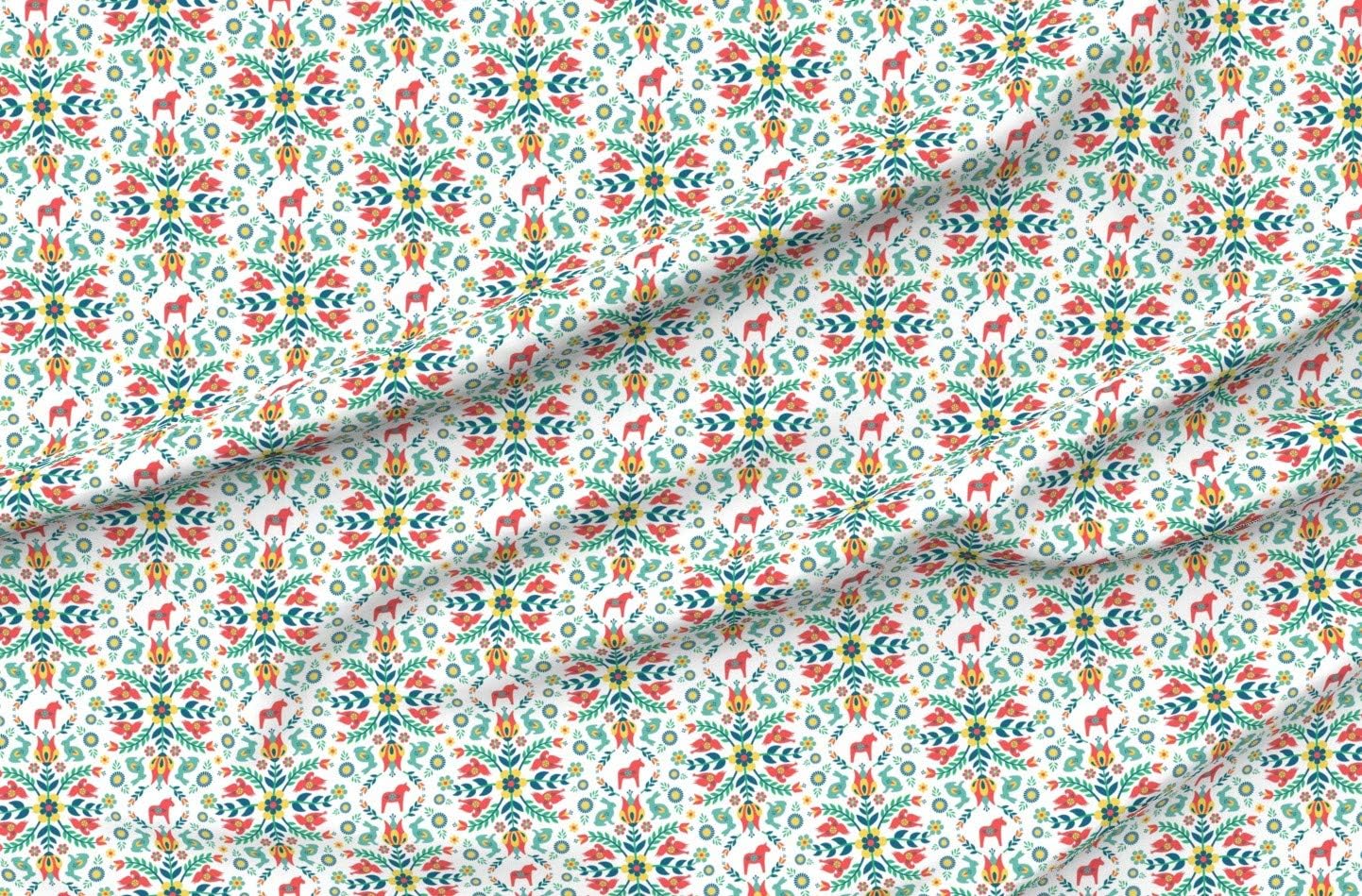 Spoonflower Fabric - Swedish Folklore Folk Art Dala Horse Scandi Scandinavian Printed on Organic Cotton Sateen Fabric by The Yard - Sewing Quilting Apparel Home Decor