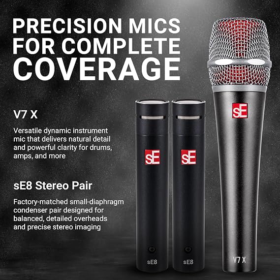 SE ELECTRONICS V Pack Arena Drum Mic Kit for Toms, Snares & Bass Drums - Includes 1 V KICK, 3 V Beats & V Clamps, 1 V7 X Instrument Microphone, Pair of sE8 Condensers & More
