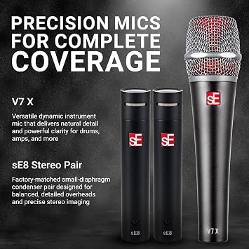 SE ELECTRONICS V Pack Arena Drum Mic Kit for Toms, Snares & Bass Drums - Includes 1 V KICK, 3 V Beats & V Clamps, 1 V7 X Instrument Microphone, Pair of sE8 Condensers & More