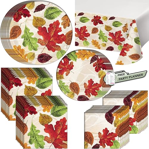 Creative Converting Paquete de 8 platos de papel de hojas de Acción de Gracias para 8 platos de papel para cena y postre, 16 servilletas de almuerzo