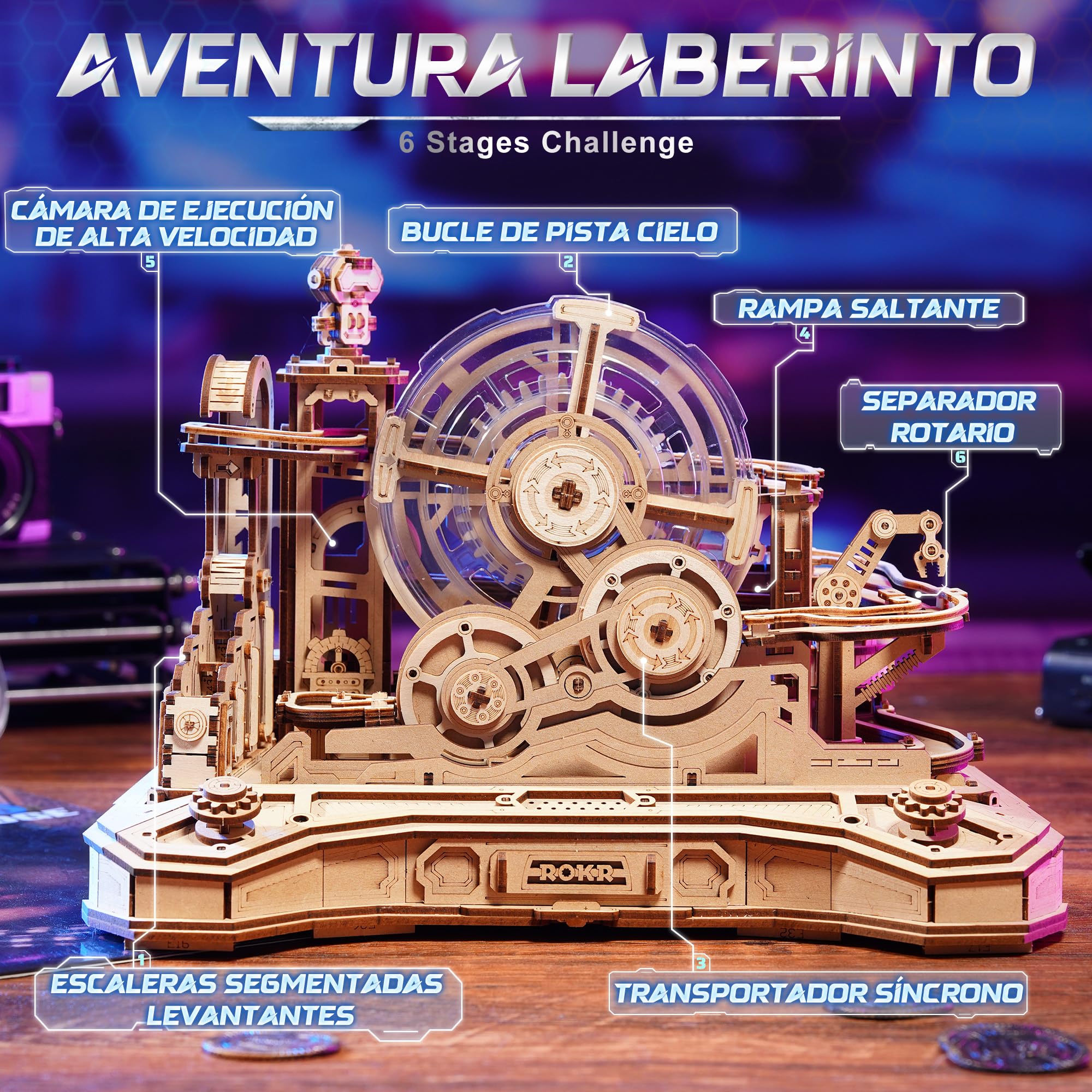 ROKR Puzzle 3D Madera Pistas para Canicas,Gear Ball Challenge Maquetas para Construir Adultos,Regalos DIY para Hombres y Niños
