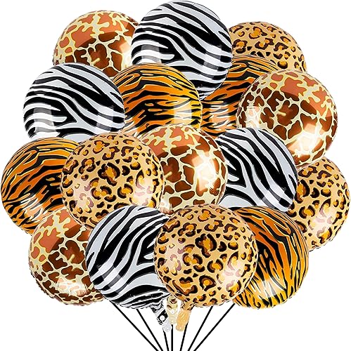 16 globos con patrón de animales, globos redondos de aluminio Mylar de 18 pulgadas, estampado de jirafa, tigre, cebra, leopardo, para zoológico,