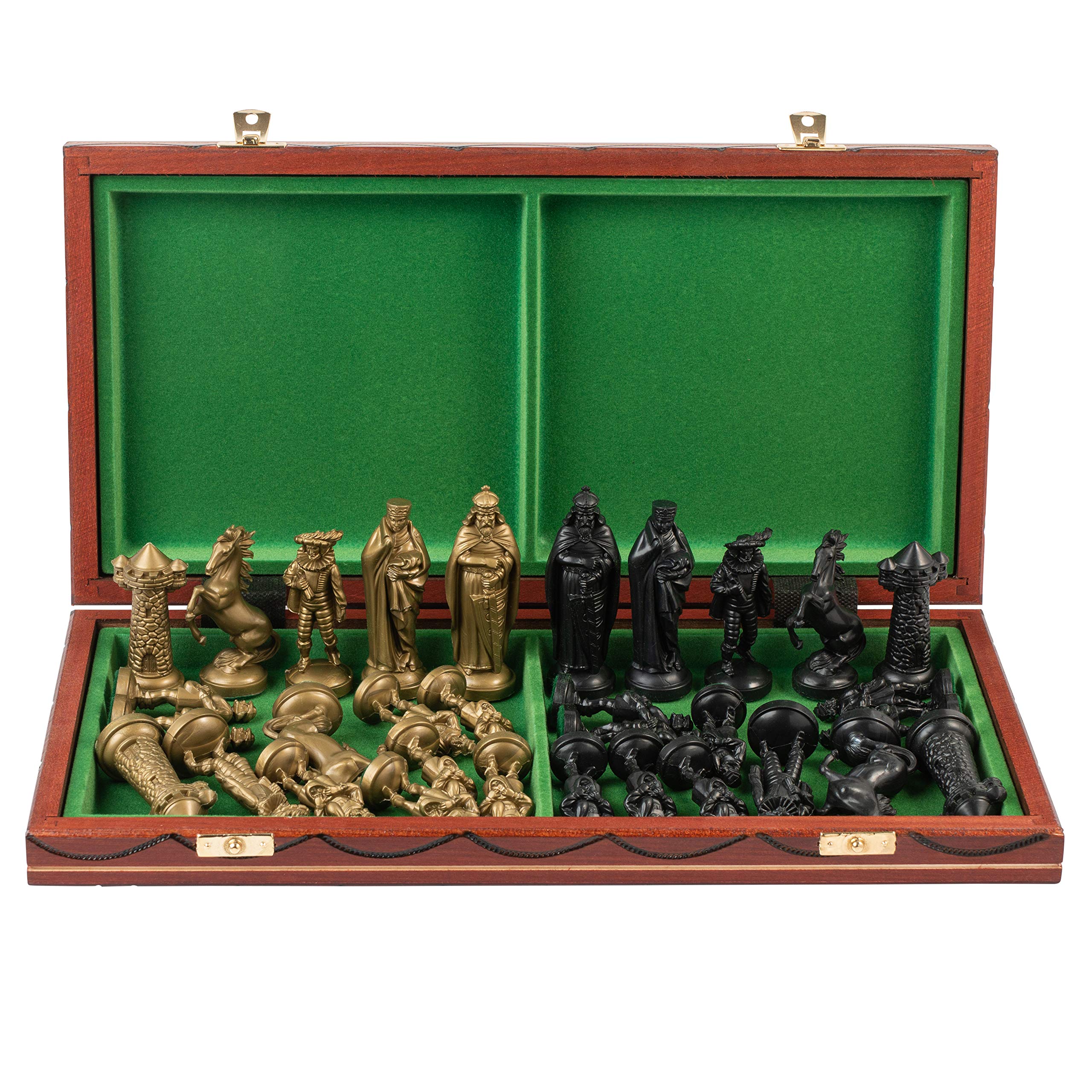 Handgemaakt schaakspel uit de Griekse mythologie met blauwe en bruine schaakstukken op bronzen schaakbord – 36x36cm (medium) | Schaken en backgammon – Chess & Backgammon
