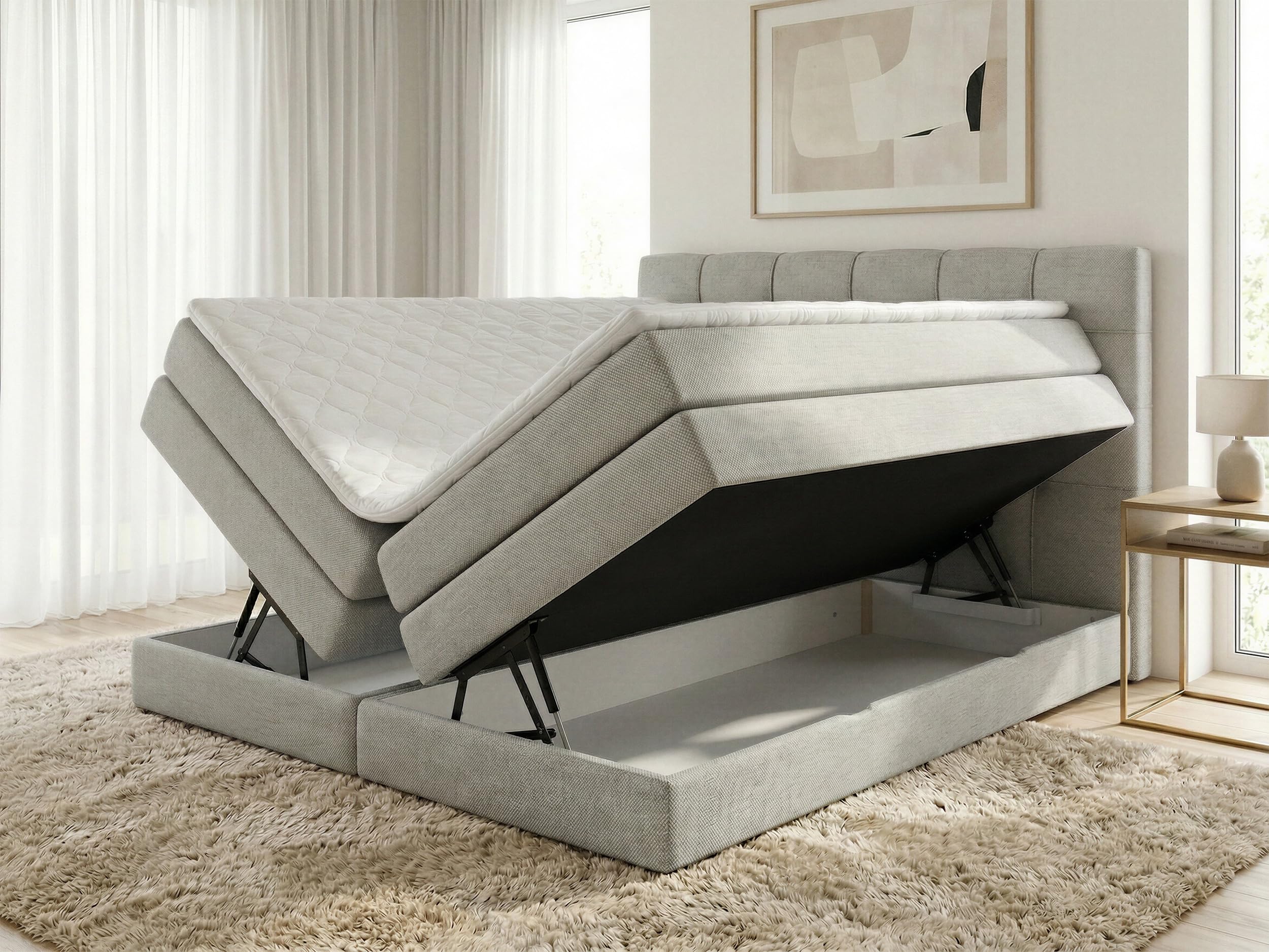Sofnet Boxspringbett Best XL mit 2 Bettkästen und Topper, mit Taschenfederkern- und Bonellfederkernmatratze, Doppelbett, Polsterbett aus Webstoff mit Stauraum (Graphit (Inari 94), 180 x 200 cm)