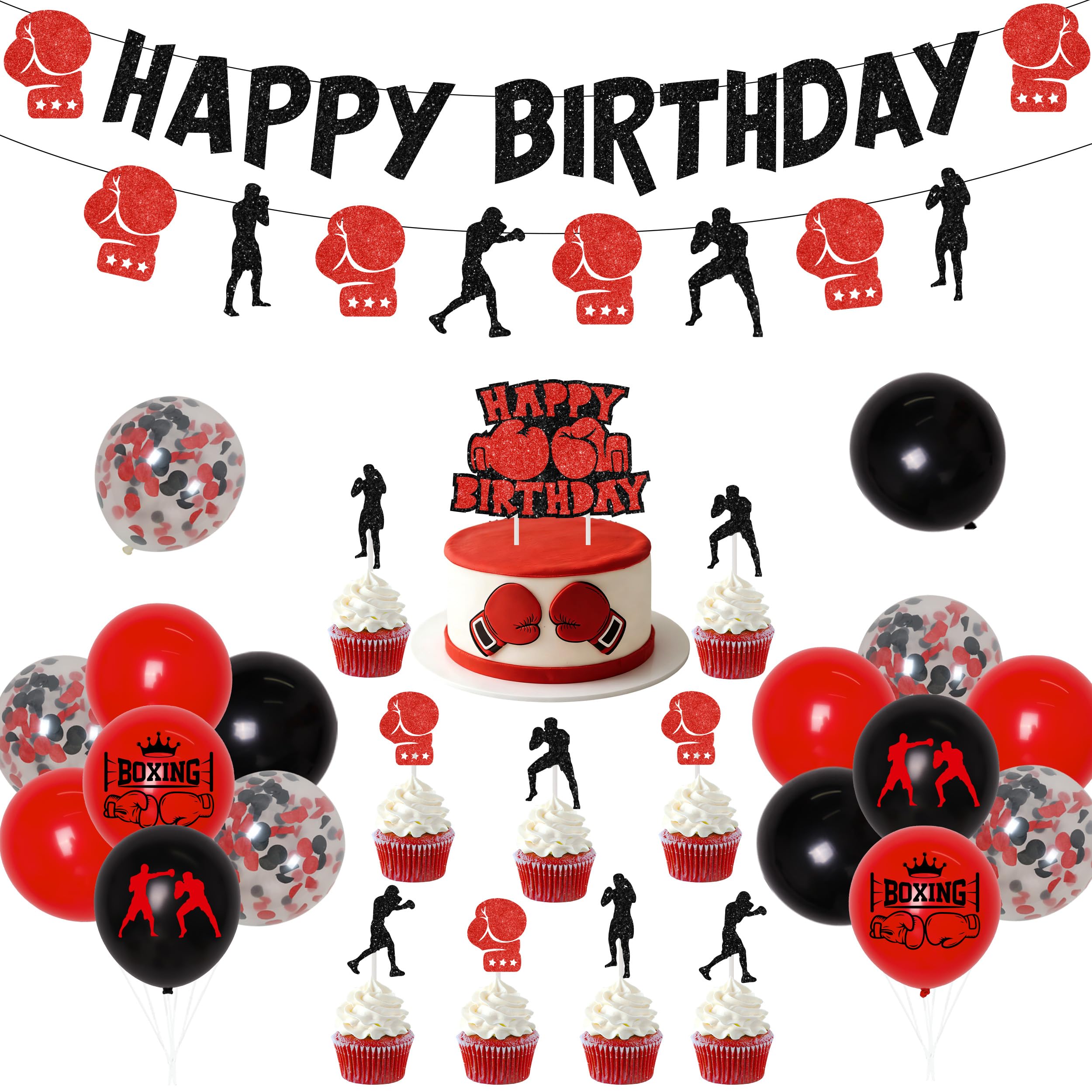 Fangleland Boxing-Themed Birthday Decorations Set - Happy Birthday Glitter Paper Banner Garland Cake and Cupcake Toppers & Printed Latex Balloons for Boxing Party Supplies