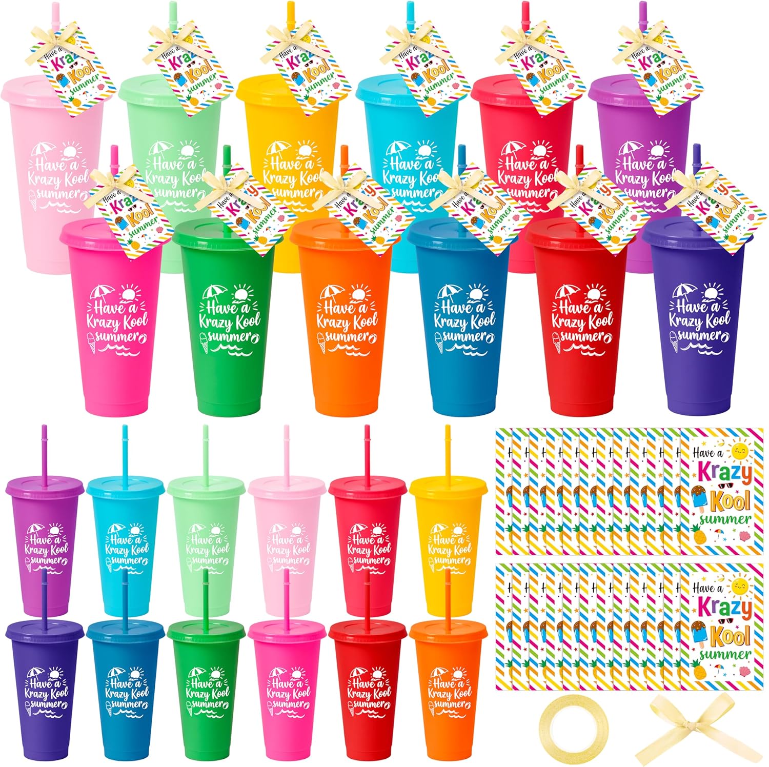 24 Set End of School the Year Gift for Student Colorful Tumbler Bulk Plastic Tumbler with Lip Straw Greeting Card and Ribbon End of Year Graduation Gift School Prize Summer Party Goodie Bag Supplies