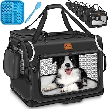 TRESKO® Foldable Dog Box Including Lick Mat and Spatula XXL 92 x 63 x 63 cm Transport Box for Dogs and Cats Dog Transport Box for Small and Large Dogs Dog Bag Robust Black
