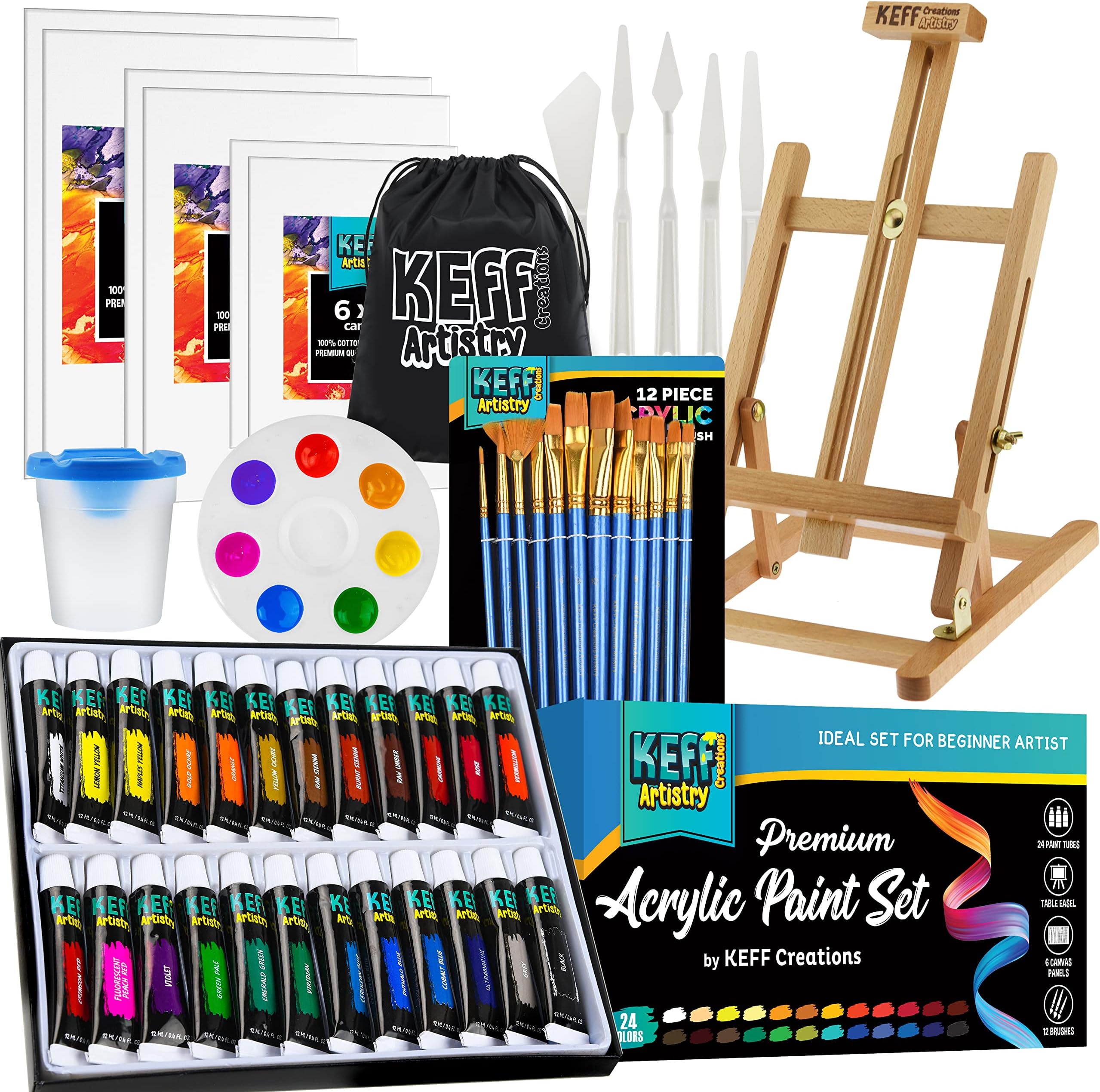 KEFF Acrylic Paint Set - All-in-One Painting Kits for Adults & Kids - 51 Pcs Painting Supplies with Acrylic Paints, Wooden Easel, Canvases, Palette, Paint Knives, Paintbrushes, Water Cup & Storage Bag