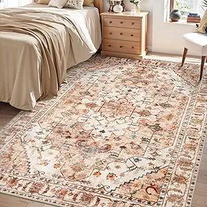 SERISSA Bedroom Rug 4x6 Boho Rug, Vintage Peach Cream Washable Area Rugs Non Slip, Ultra Soft Print Distressed Entry Rug Low-Pile Throw Carpet for Nursery Dorm Kitchen Living Room Decor