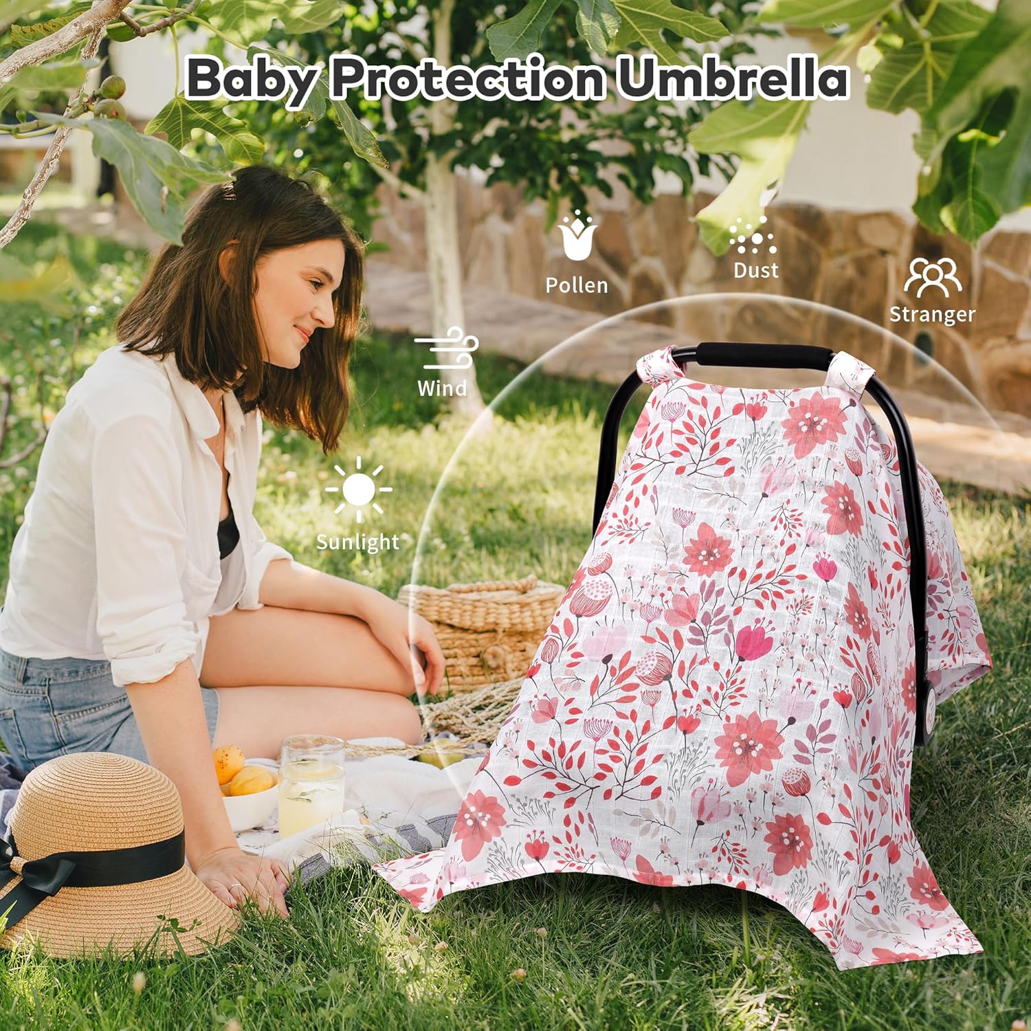 Rquite Muslin Car Seat Cover Baby, Carseat Covers Baby Girl Boy, Breathable Lightweight Infant Car Seat Cover, Baby Carrier Cover Car Seat Canopy Stroller Sun Shade for Summer & Hot Day, Universal Fit - Image 3