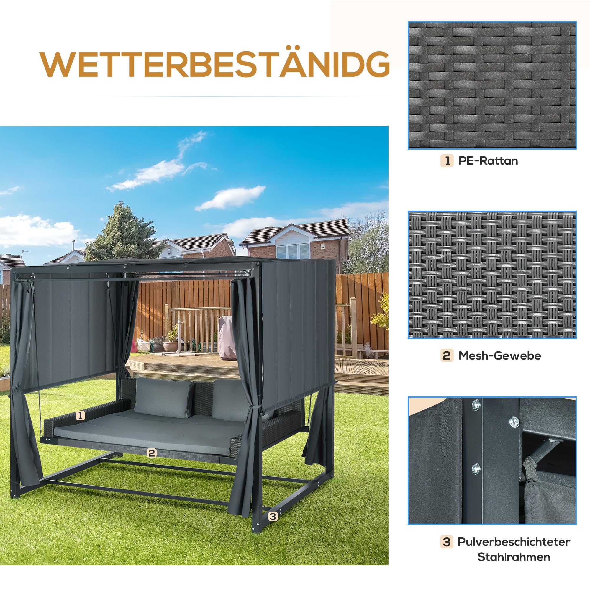 Outsunny Hollywoodschaukel mit Pergola, wetterbeständige Gartenschaukel mit Kissen, Schaukelbett für Balkon, Garten, 235 x 180 x 210 cm, Dunkelgrau