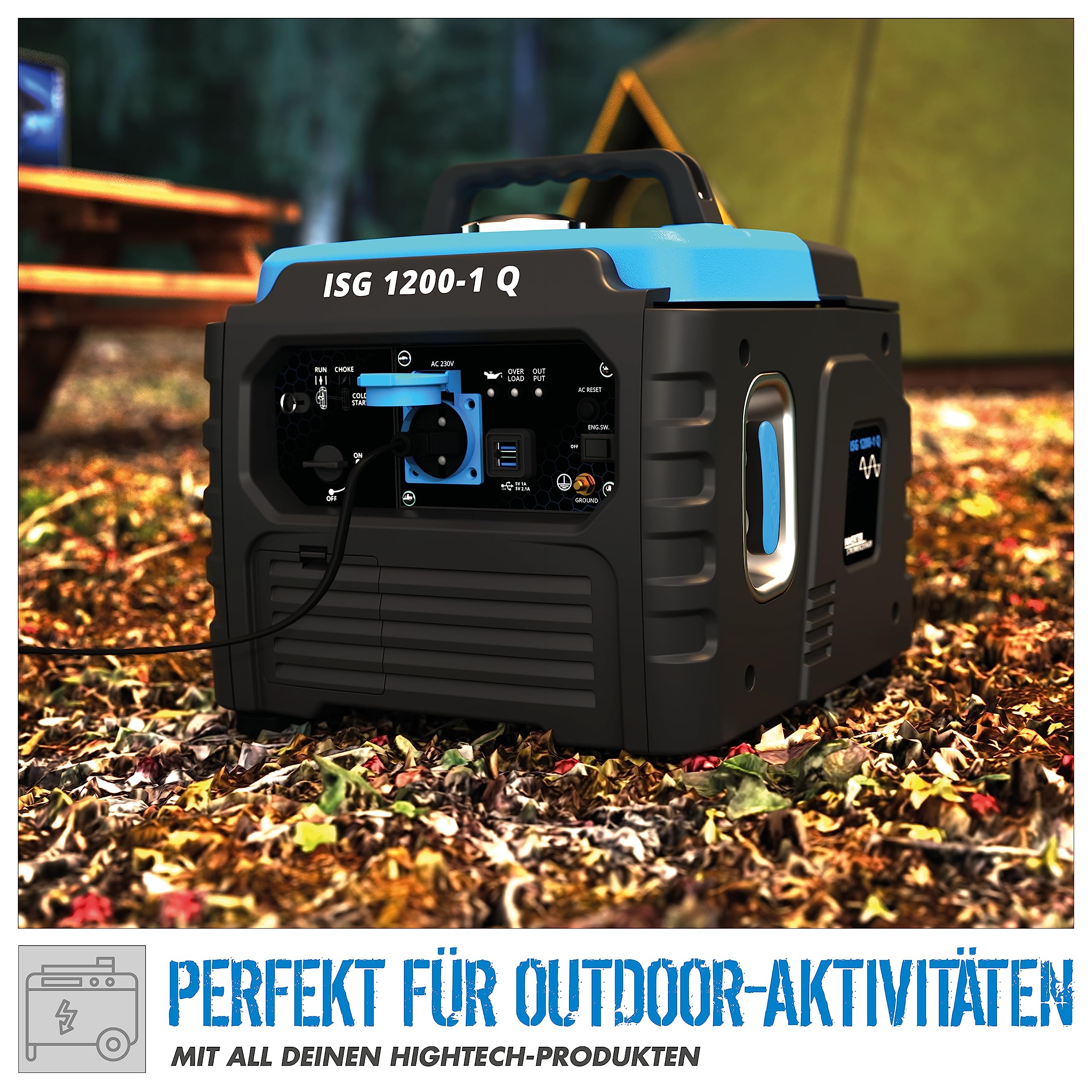 Güde Inverter Stromerzeuger ISG 1200-1 Q (4-Takt Motor, Benzin, 1,3/1,76 (kW/PS), 1x 230V, 2x USB, max. 1200W, Laufzeit bis 6 h, Tank 3 l, Überlastungsschutz, LED-Display, Zubehör, Gewicht 12,4 kg)