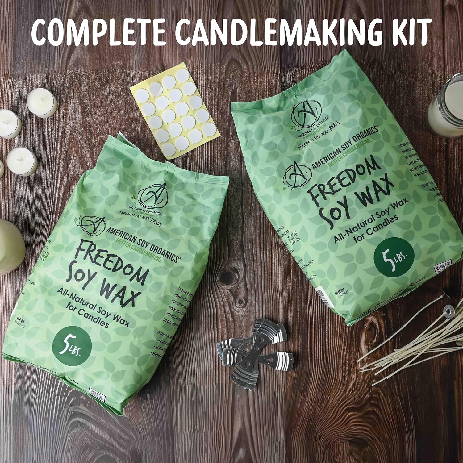 American Soy Organics Microwavable Soy Wax Beads for Candle Making – Premium Soy Candle Kit-10 pounds Freedom Soy Beads-4 Centering Devices- 20 Wick stickers-20 6-inch pre-Waxed Wicks