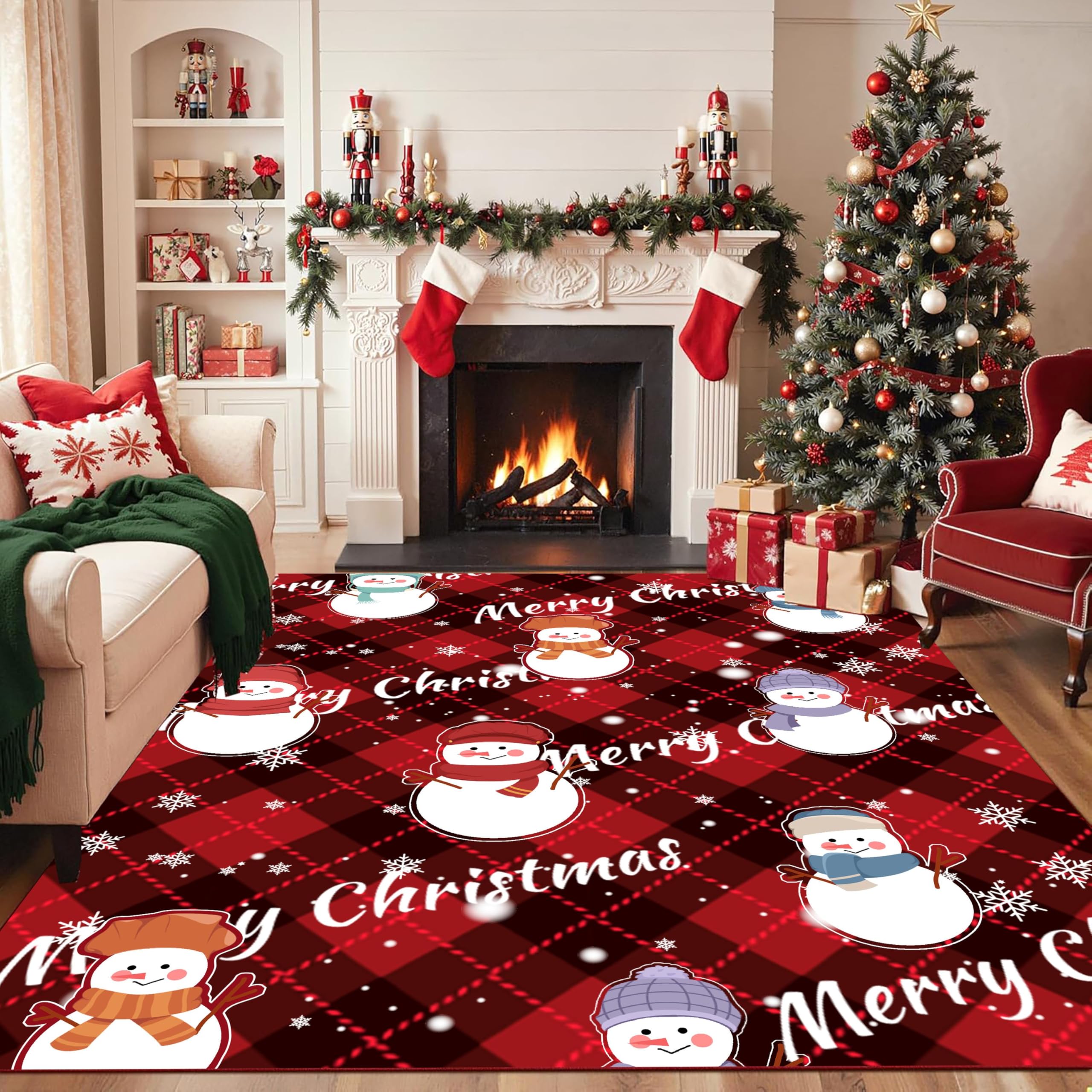 Arzunsy Vintage Buffalo Plaid Snowman Rug 70x140cm, Winter Snowflake Christmas Area Carpet, Soft Non-Slip & Washable Foldable Rug for Kids Room, Bedroom, Entrance