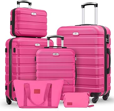 Suitour Luggage Sets 6 Piece, 20-inch Carry-on and 24 inch 28 inch Checked Suitcase Set with Cosmetic Case and Expandable Travel Duffle Bags SetRose Red