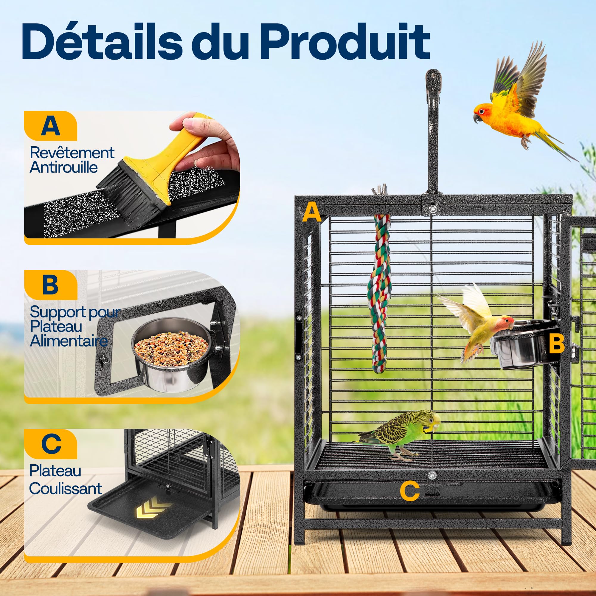 VIVOHOME Cage de Transport en Fer Forgé 48cm pour Oiseaux avec 2 Mangeoires, Perchoir en Bois et Plateau Coulissant, Portable pour Perroquets Conures Inséparables Calopsittes et Perruches, Noir