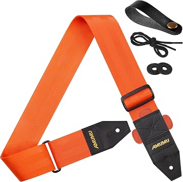 Amumu DURALINK Nylon Seatbelt Guitar Strap with Top Grain Leather Ends for Acoustic, Electric, Bass Guitar, with Quick-Fetch Pick Holder -Orange