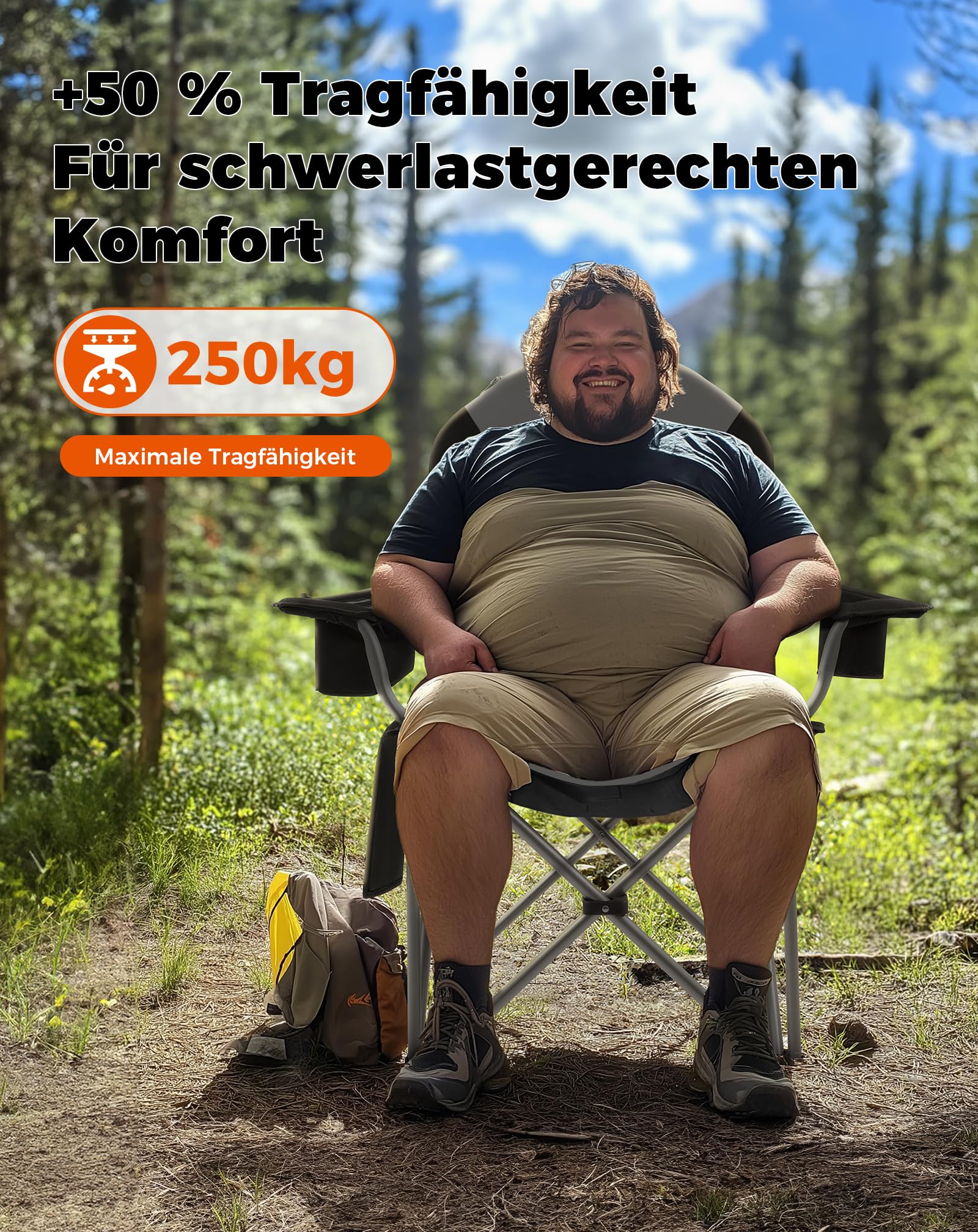 KingCamp Campingstuhl Faltbar Ergonomisch Gepolstert XXL bis 250kg Schwarz | Klappstuhl mit Verstellbarer Lendenwirbelstütze, Kühltasche für Camping, Garten, Angeln & Festival