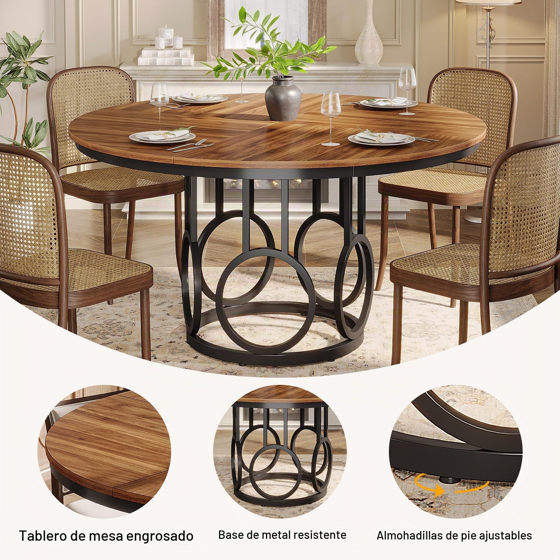 Tribesigns Mesa de comedor redonda para 4 personas, mesa de comedor rústica de 120 cm con base de metal, mesa de cocina redonda para cocina, salón, comedor (marrón)