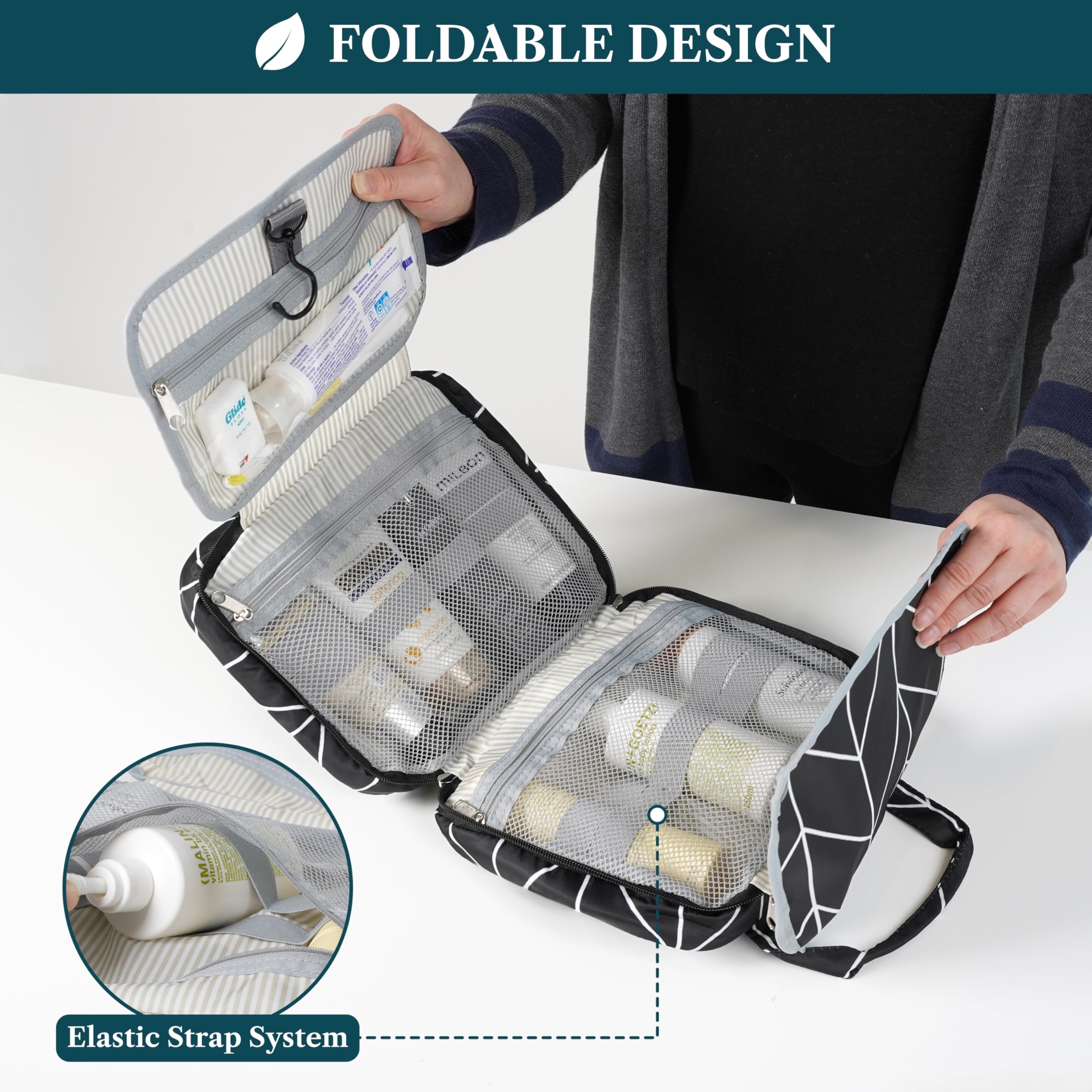 PAVILIA Neceser colgante de viaje para mujeres y hombres, organizador de cosméticos plegable, resistente al agua, accesorios de tocador, kit de artículos de tocador grande, Negro (Chevron), Talla