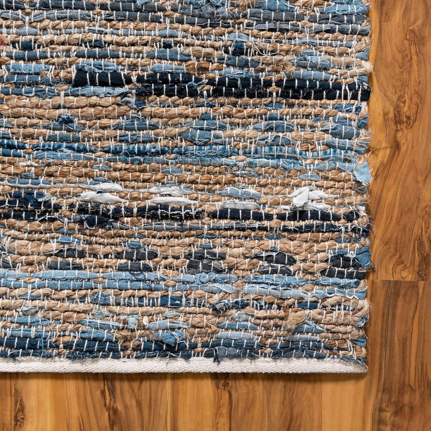 Unique Loom Chindi Jute Collection Area Rug (10' x 14' 1" Rectangle, Navy Blue/ Natural)